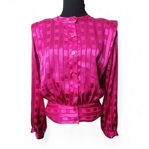 Vintage SK & Company Blouse 10 Pink Glitter Stripes 80s Retro Mock Neck Glam VTG